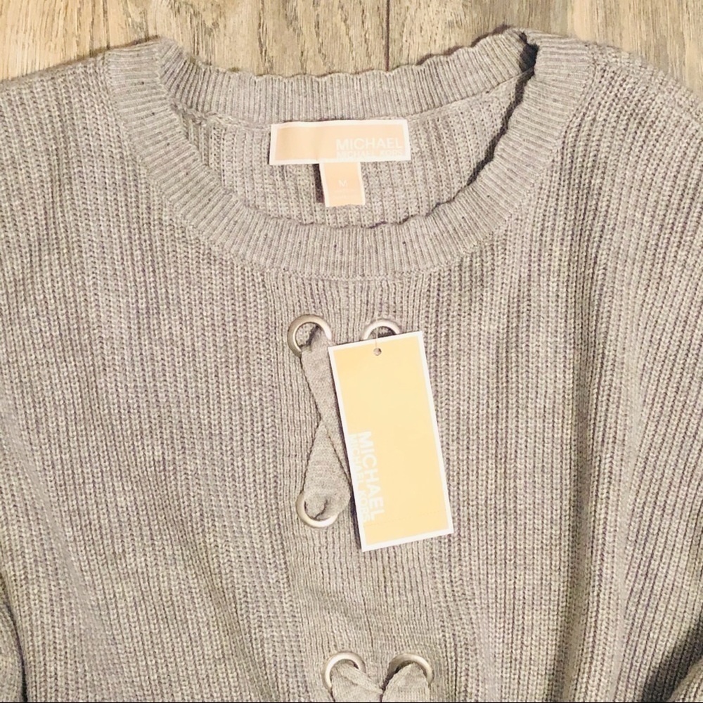NWT Michael Kors Gray Lace Up Front Knit Sweater Size Medium - Picture 2 of 12